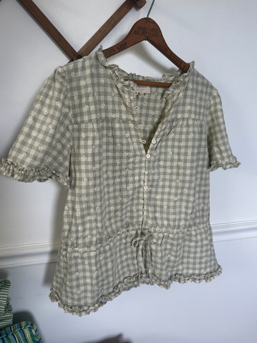 Sézane Embroidered Gingham Ruffle Blouse FR 44
